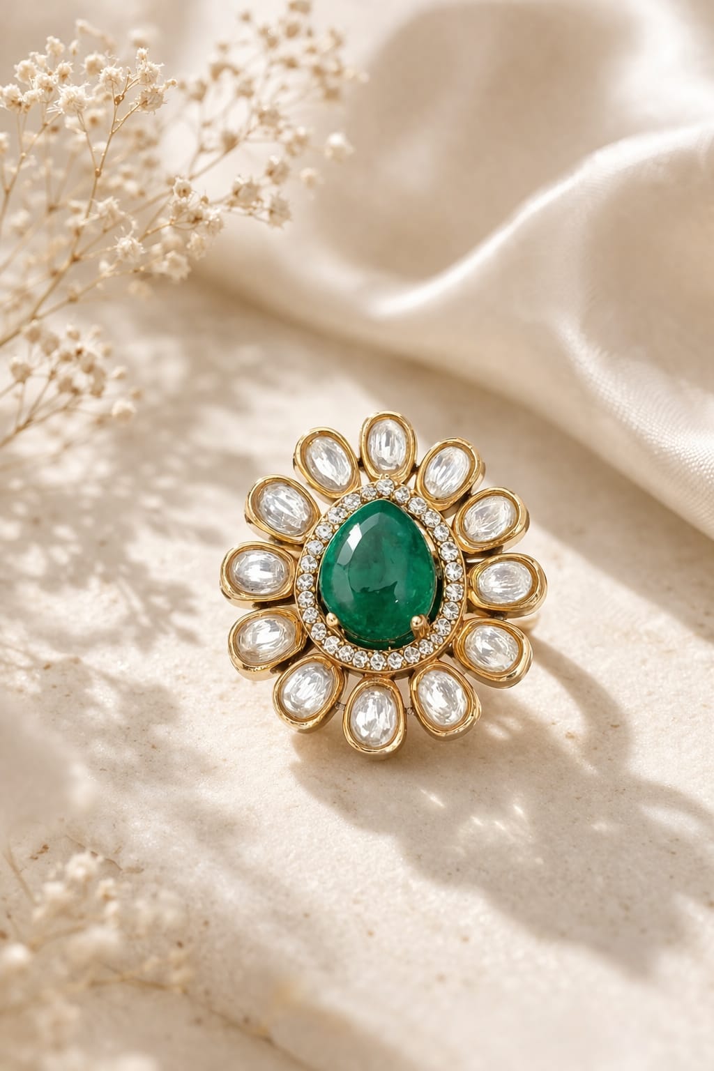 Kundan Emerald Petal Ring