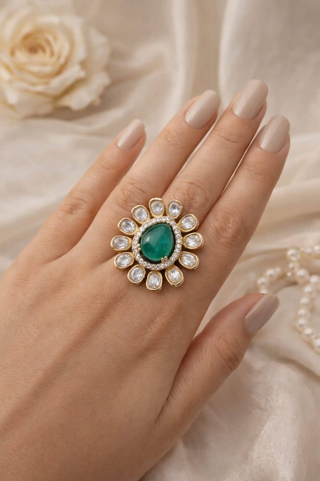 Kundan Emerald Petal Ring