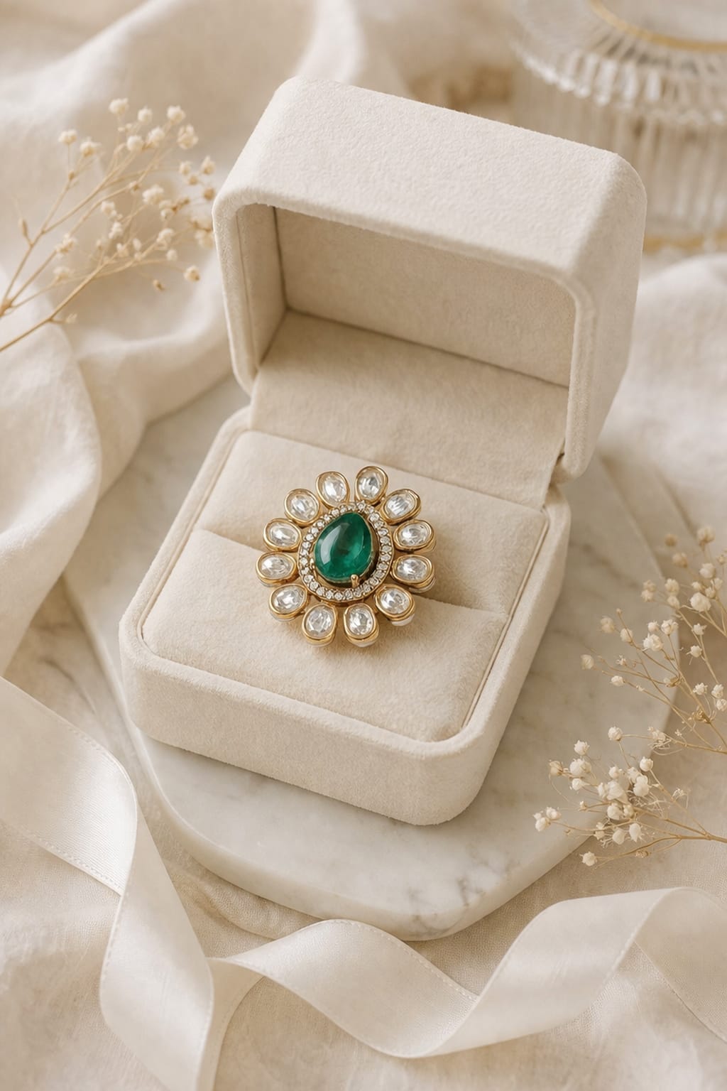 Kundan Emerald Petal Ring